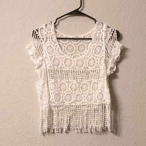 Luxe Crotchet Fringe Crop Top-White Cotton- S/M
